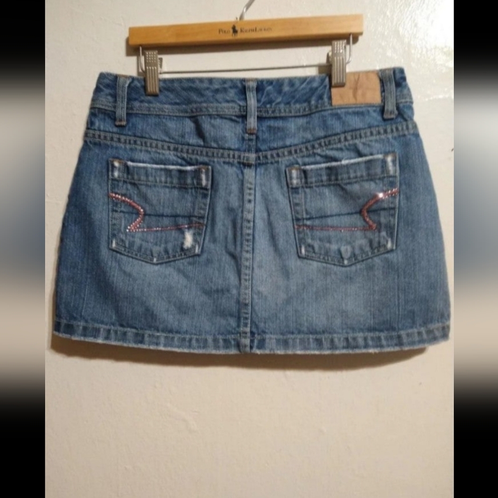 Y2K coquette girl Denim Mini Skirt with Embellished Back Pockets - Blue Sz 2